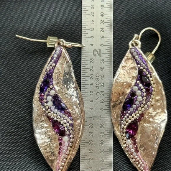 Vintage 925 Israeli Silver Hammered Leaf Design amethyst and pearls Bobo artisan - Picture 2 of 5
